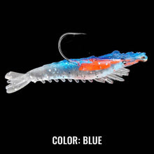 Load image into Gallery viewer, Blue shrimp looking fishing bait with a hook on the back