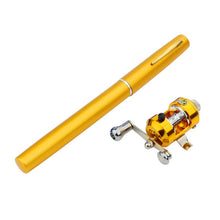 Load image into Gallery viewer, Gold pen sized fishing rod and reel