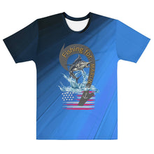 Load image into Gallery viewer, Blue fishing tee with marlin and american flag