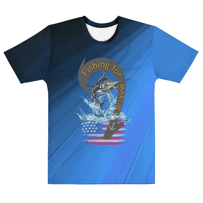 Blue fishing tee with marlin and american flag