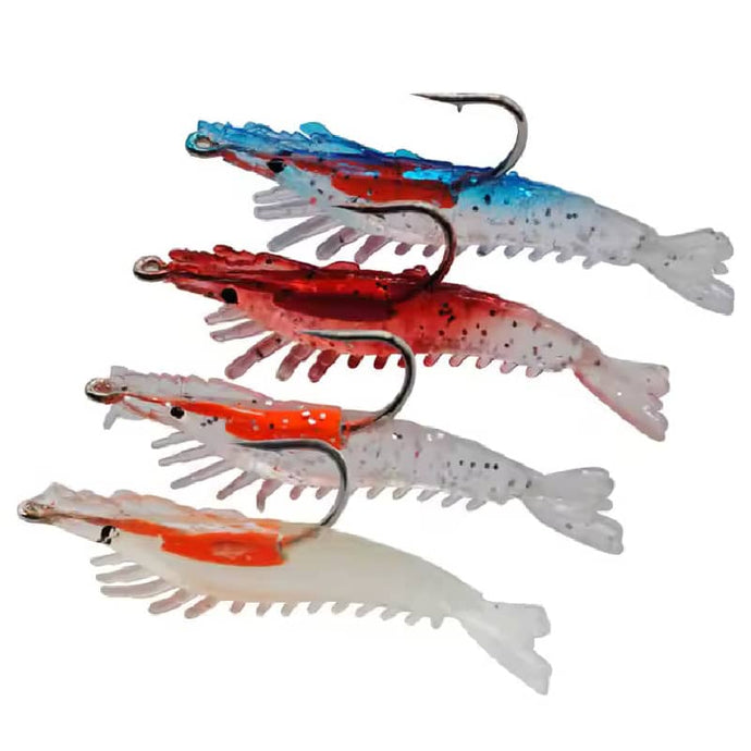 Set of four shrimp looking fishing baits, each with different color on a white background.