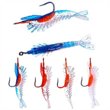 Load image into Gallery viewer, Different colors shrimp looking fishing baits on a white background.
