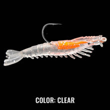 Load image into Gallery viewer, Transparent shrimp looking fishing lure with a hook at the back.
