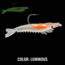 Load image into Gallery viewer, Fishing lure shaped like a shrimp with a hook on a black background, labeled &#39;Color: Luminous&#39;.
