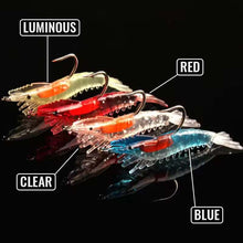 Load image into Gallery viewer, Fishing lures in different colors labeled &#39;Luminous&#39;, &#39;Red&#39;, &#39;Clear&#39;, and &#39;Blue&#39; on a black background.
