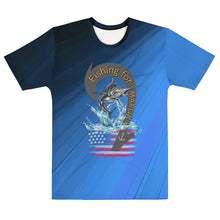 Load image into Gallery viewer, Blue fishing tee with marlin and american flag
